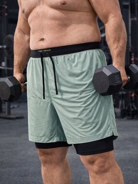 NWOT Tek Gear XXL Athletic Shorts 2 in 1 Lined Workout Gym Black Green